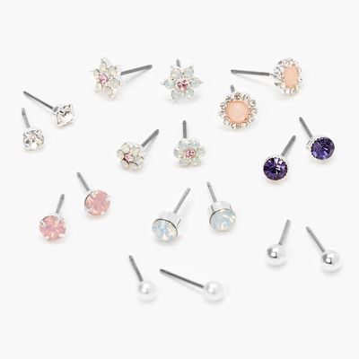 Flowers and Crystals Assorted Stud Earrings - 9 Pack