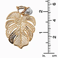 Gold-tone Monstera Leaf & Pearl Clip-On Drop Earrings