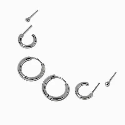 Silver-tone Thick Clicker Earring Stackables Set - 3 Pack