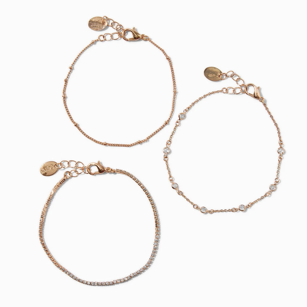 Gold-tone Cubic Zirconia Confetti Chain Bracelets - 3 Pack