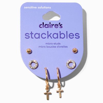 Gold Circle Stud & Cross Hoop Earring Stackables Set - 3 Pack