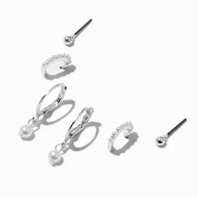 Silver-tone Pearl Hoop Earring Stack - 3 Pack