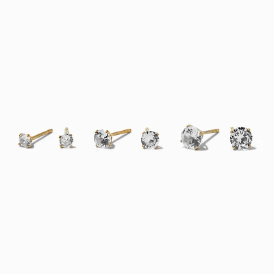 Gold-tone Stainless Steel Round Cubic Zirconia Stud Earrings - 3 Pack