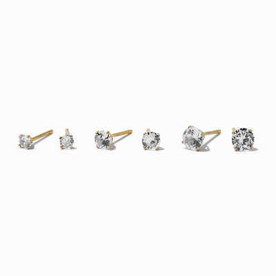Gold-tone Stainless Steel Round Cubic Zirconia Stud Earrings - 3 Pack