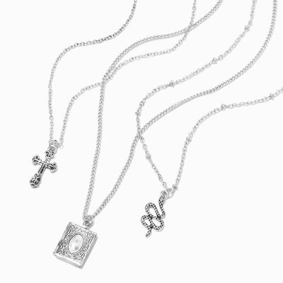 Silver Cross Locket Pendant Necklaces - 3 Pack