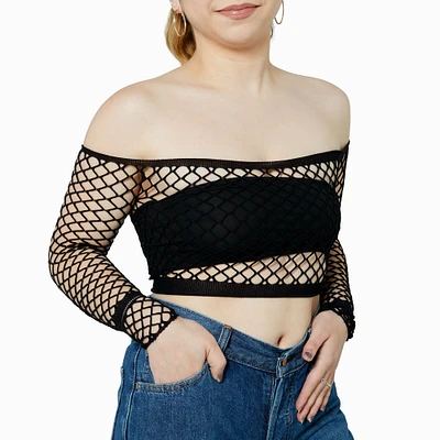 Black Fishnet Long-Sleeve Crop Top