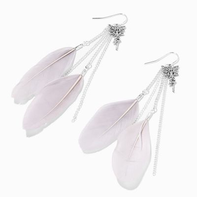 White 3.5" Feather Silver Fairy Drop Earrings