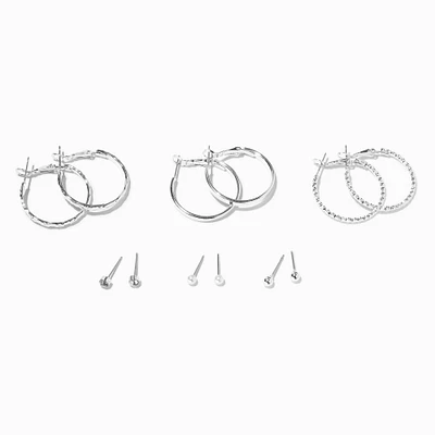 Silver-tone Textured Hoop & Studs Earrings Set