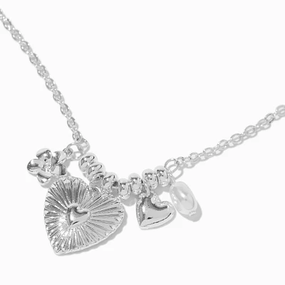 Silver-tone Heart & Daisy Charm Cluster Pendant Necklace