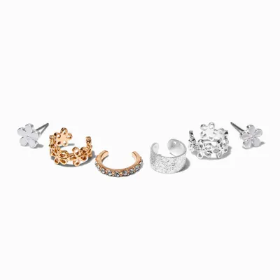 Silver-tone Daisy Stud & Ear Cuff Earrings Stackables - 6 Pack