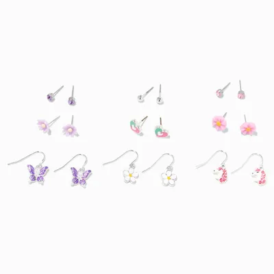 Silver Floral Butterfly Earrings Set - 9 Pack
