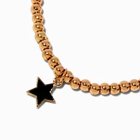 Black Enamel Star & Gold-tone Beaded Stretch Bracelet