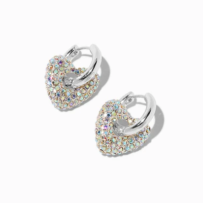 Silver-tone Iridescent AB Crystal Puffy Heart Hoop Earrings