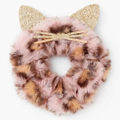 Medium Pink Faux Fur Leopard Hair Scrunchie