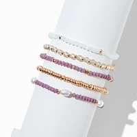 Mauve Gold-tone Beaded Stretch Bracelets - 5 Pack