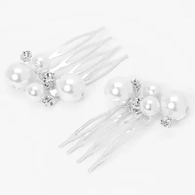 Silver Rhinestone Pearl Hair Comb Clips - 2 Pack