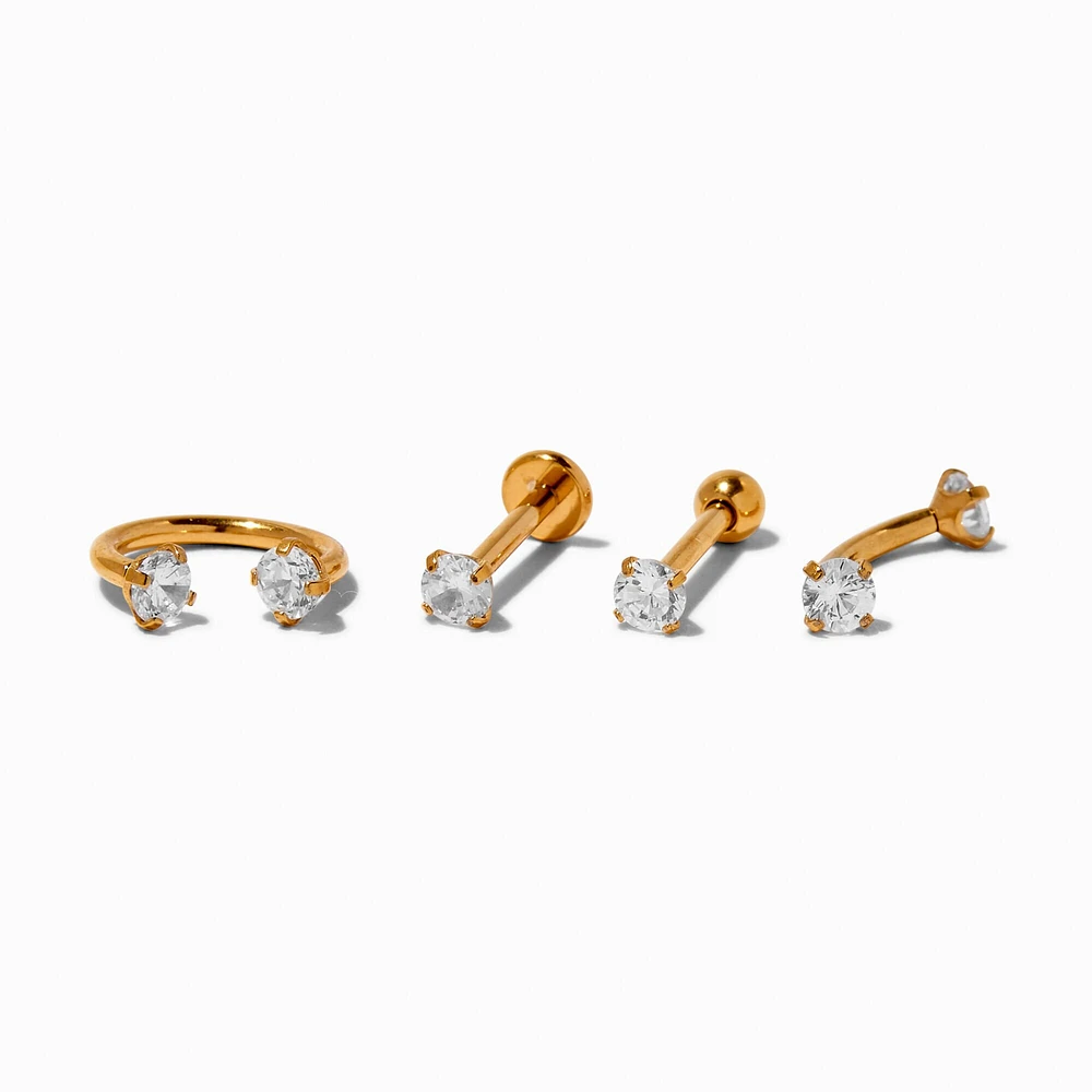 Gold-tone Titanium 16G Cubic Zirconia Labret Lip Studs - 4 Pack