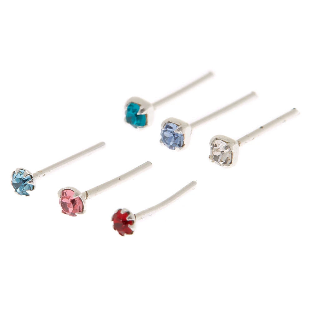 22G Sterling Silver Rainbow Crystal Nose Studs - 6 Pack