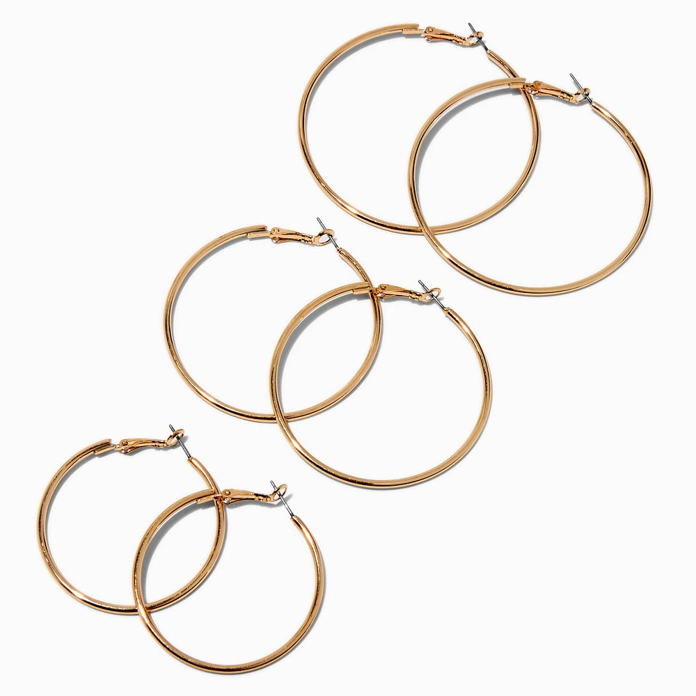 Gold-tone 40mm 50mm, & 60mm Graduated Hoop Earrings - 3 Pack