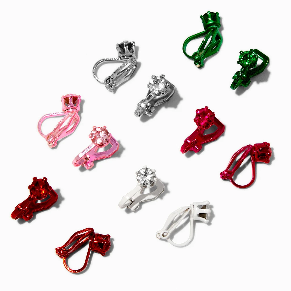 Colored Rhinestone Clip-On Stud Earrings - 6 Pack