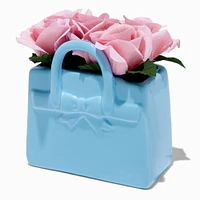 Blue Purse Planter With Faux Roses