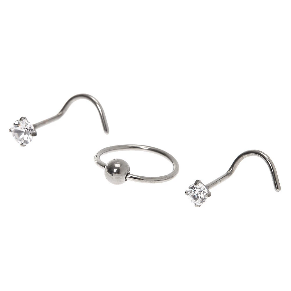 20G Silver-tone Titanium Double Crystal Nose Studs - 3 Pack