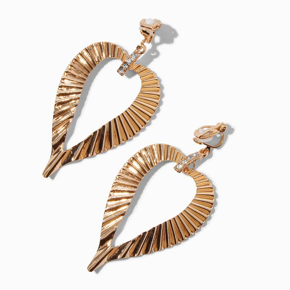 Gold-tone Textured Heart Clip-On Drop Earrings