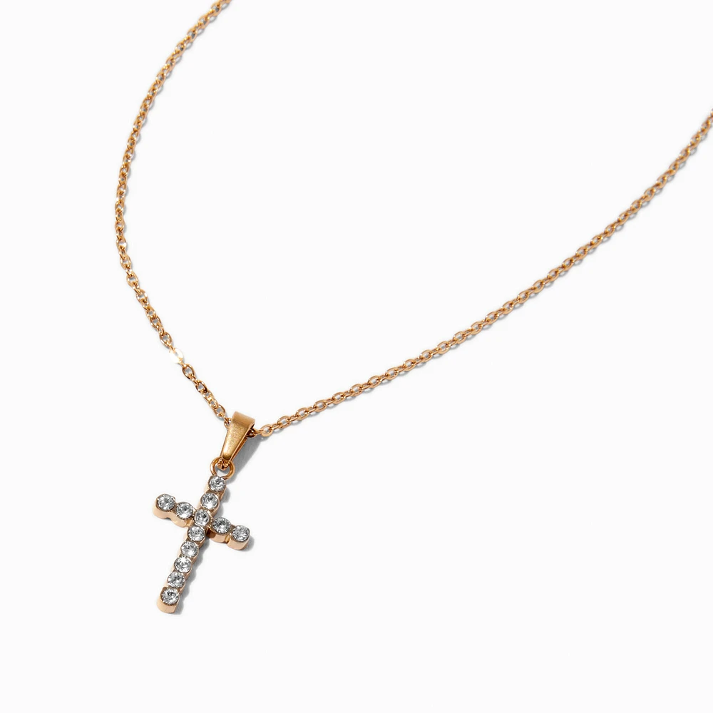 Gold-tone Stainless Steel Pave Cross Pendant Necklace