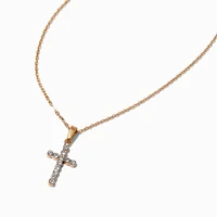 Gold-tone Stainless Steel Pave Cross Pendant Necklace