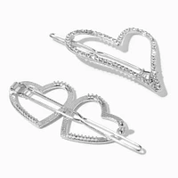 Silver Rhinestone Hearts Metal Hair Clips - 2 Pack