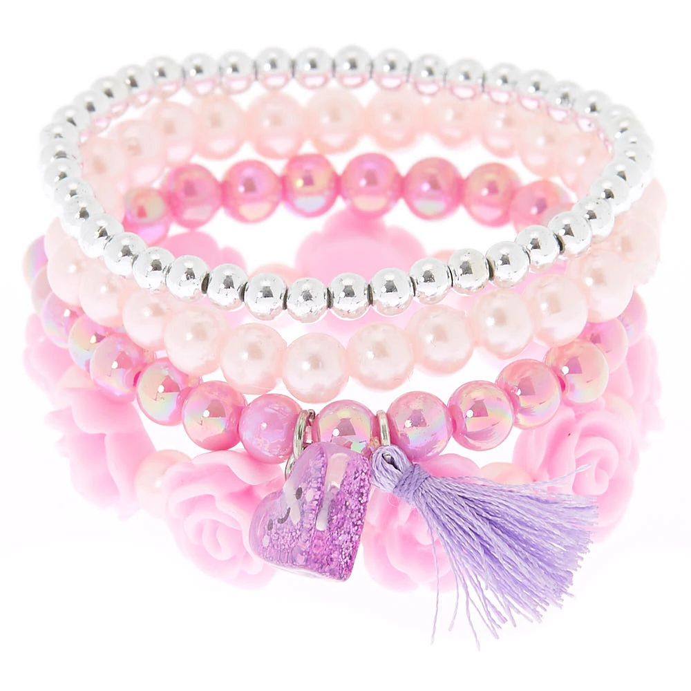 Claire's Club Rose Tassel Stretch Bracelets - Pink, 4 Pack