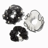 Pearl Accented Black & Cream Hair Scrunchies - 3 Pack