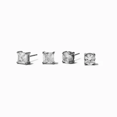 Silver-tone Stainless Steel Cubic Zirconia 6MM Square & Round Stud Earrings - 2 Pack