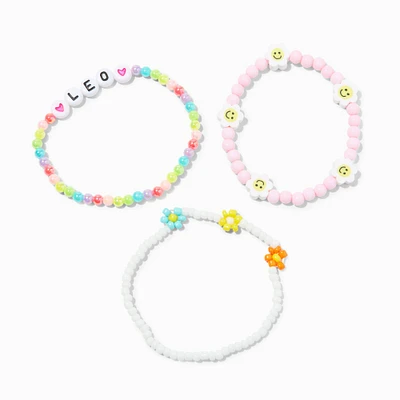 Zodiac Daisy Happy Face Beaded Stretch Bracelets - 3 Pack, Leo