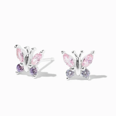 Cubic Zirconia Two Tone Silver Butterfly Stud Earrings