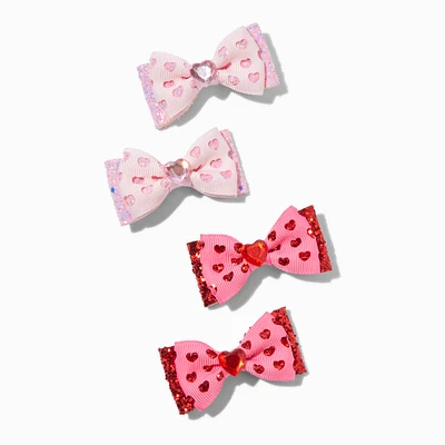 Valentine's Day Glitter Heart Bow Hair Clips - 4 Pack