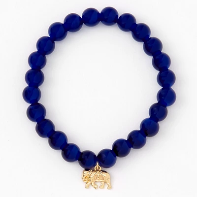 Gold-tone Elephant Royal Blue Beaded Stretch Bracelet