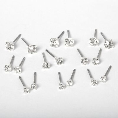 Silver Embellished Graduated Round Stud Earrings - 9 Pack
