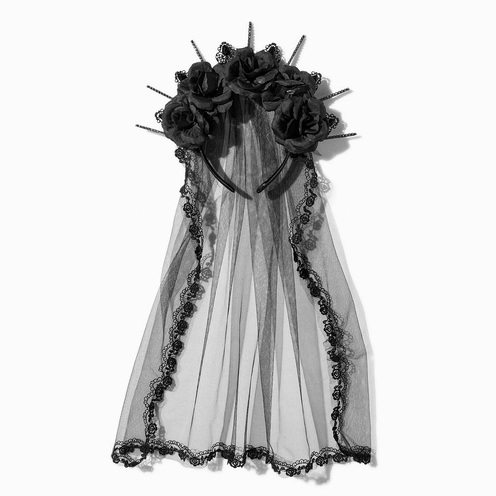 Black Flowers & Spikes Veil Headband