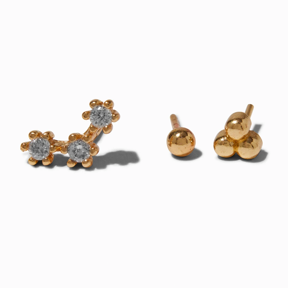 Gold-tone Stainless Steel Cubic Zirconia 18G Stud Threadless Cartilage Earrings - 3 Pack