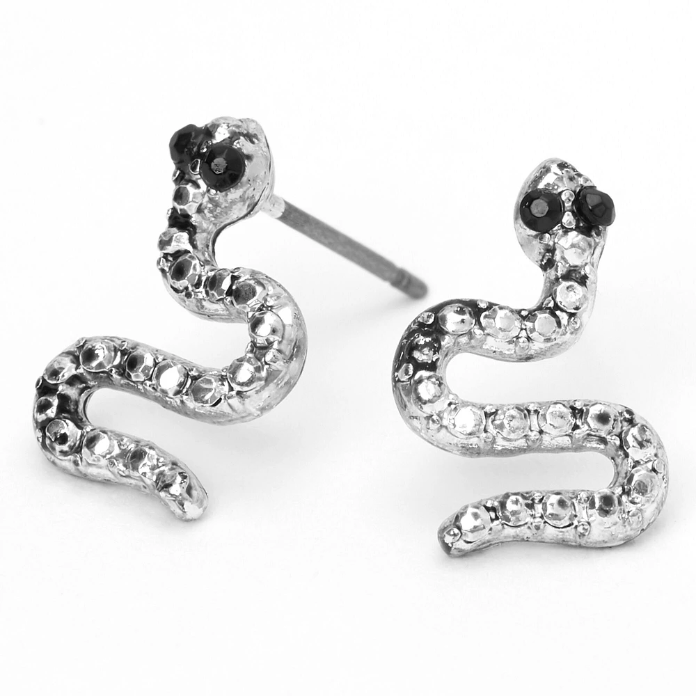Silver-tone Textured Snake Stud Earrings