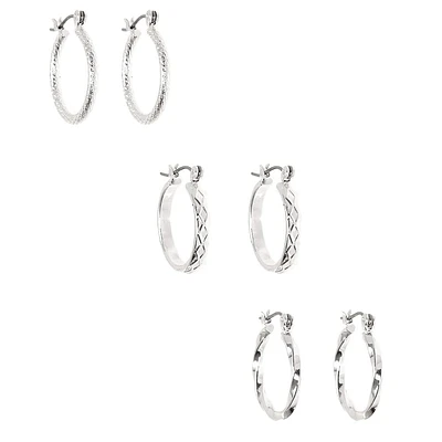 Silver-tone Thick Textured 20mm Hoop Earrings - 3 Pack