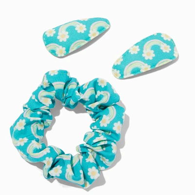 Claire's Club Teal Rainbow Scrunchie & Hair Clip Set - 3 Pack