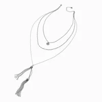 Silver-tone Tassel Bolo Disc Extended Length Multi-Strand Necklace