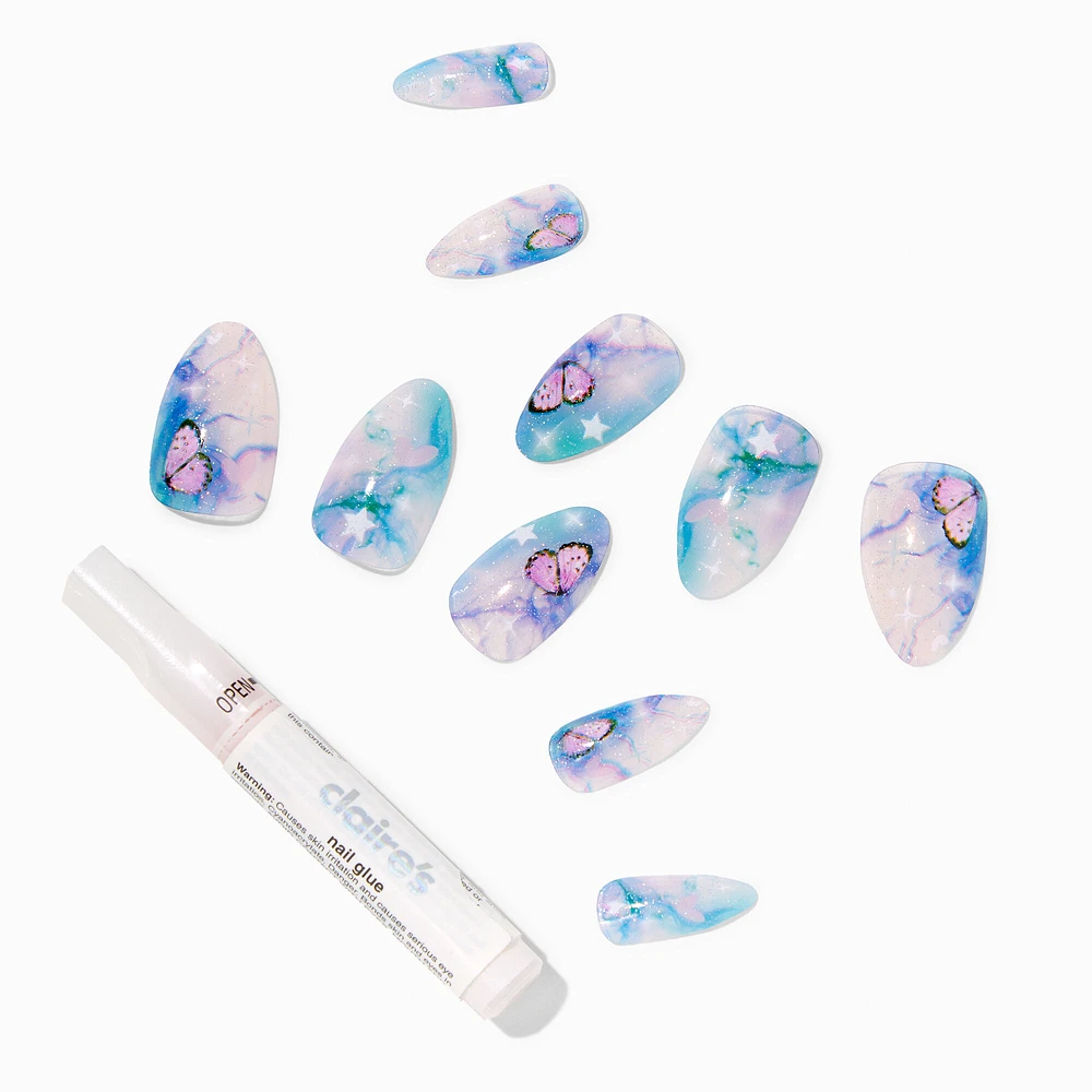 Pastel Marble Butterfly Stiletto Vegan Faux Nail Set -24 Pack