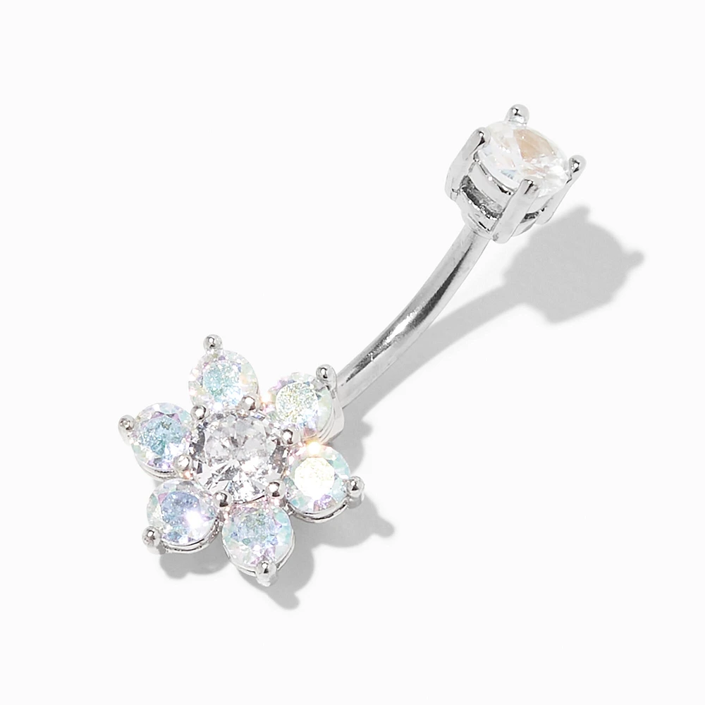 Silver-tone Stainless Steel Iridescent AB Cubic Zirconia Flower 14G Belly Bar