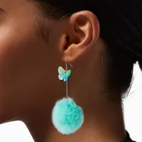 Mint Butterfly Pom 3'' Drop Earrings