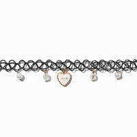 Gold-tone ''Love'' Heart Charm Black Tattoo Choker Necklace