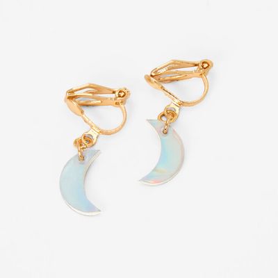 Gold Holographic Moon Clip On Drop Earrings