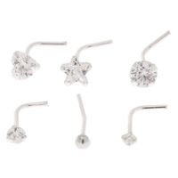 Sterling Silver 22G Mixed Cubic Zirconia Nose Studs - 6 Pack